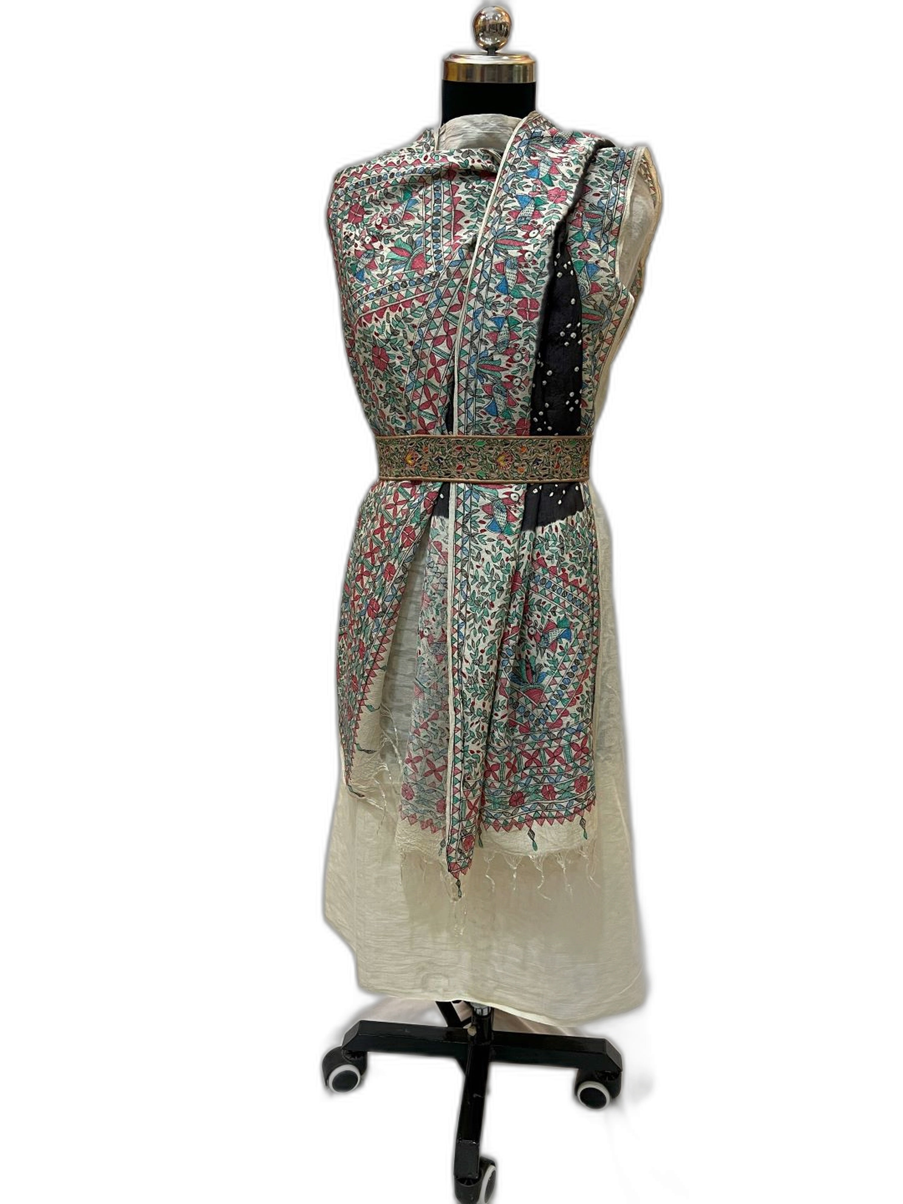 Hand-Painted Madhubani Bandhani Dupatta in Black